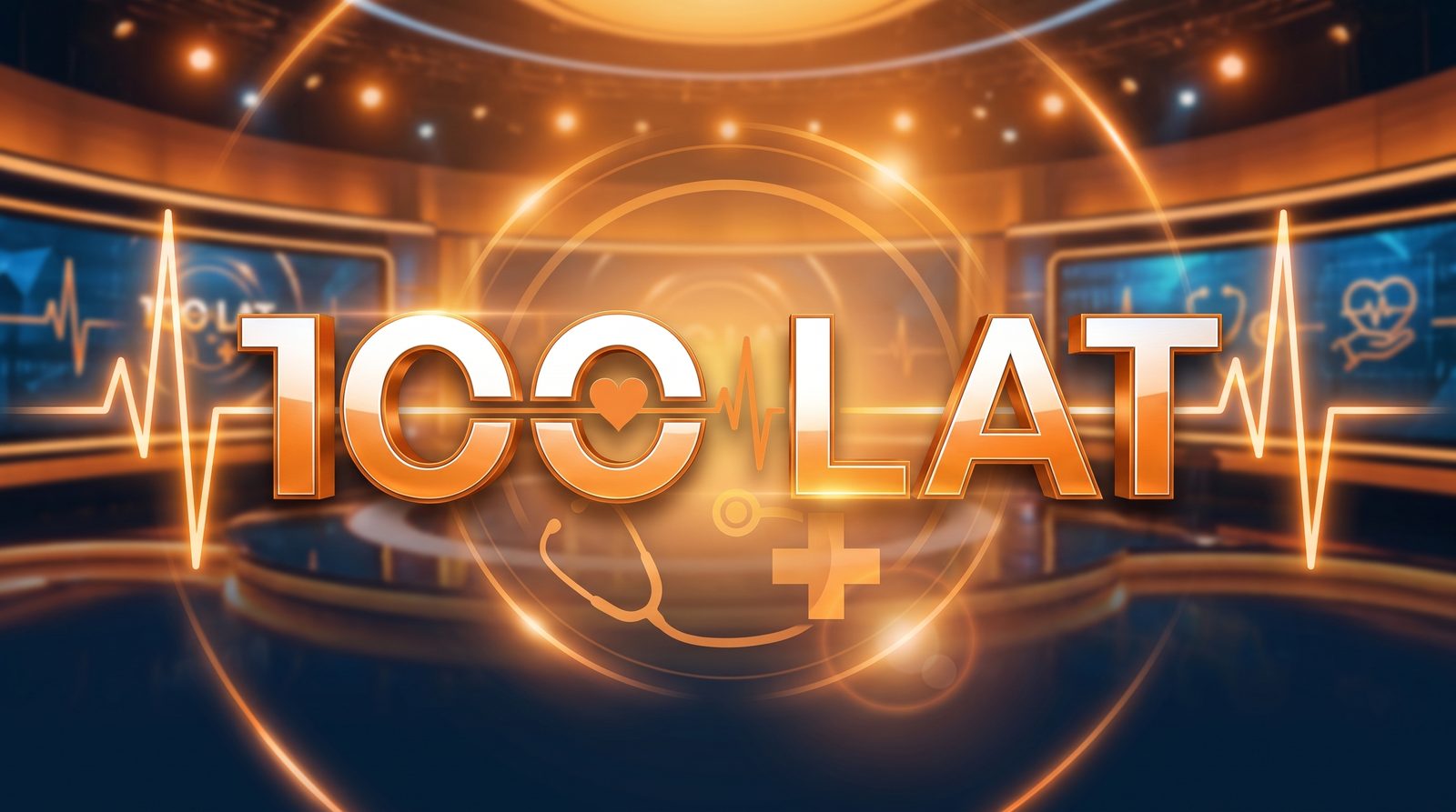 Logo teleturnieju 100 lat na tle studia telewizyjnego z linią EKG